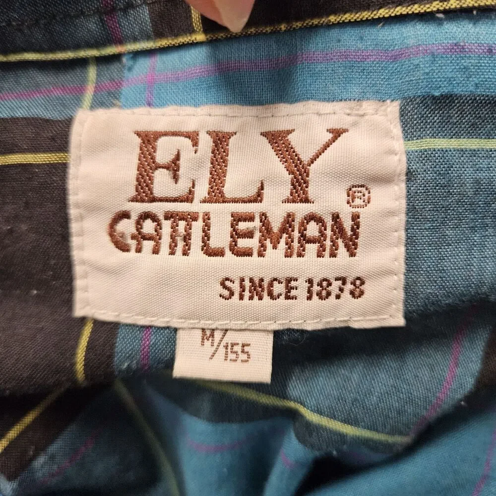 Ely Cattleman Vintage Pearl Snap Western Shirt Plaid Blue Men's Medium